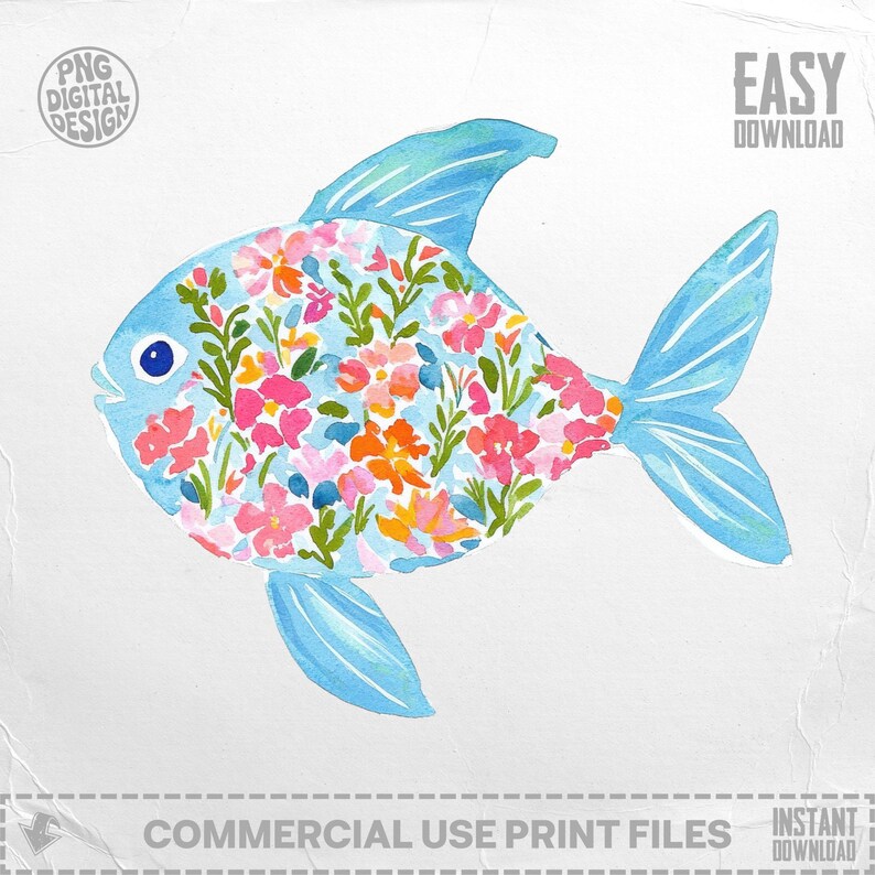 Blue fish illustration with a floral pattern and "easy download" text.