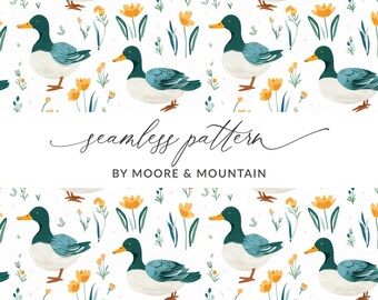 May include: A seamless pattern featuring ducks and yellow flowers on a white background. The text "seamless pattern" and "by Moore & Mountain" is at the bottom of the image.