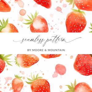 Seamless Strawberry PNG Image, Seamless Watercolor Strawberries Pattern, Watercolor Strawberry Digital Paper, Boho Strawberry Background