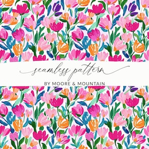 Könnte beinhalten: Ein lebendiges, nahtloses Muster mit stilisierten Blumen in Pink, Orange und Blau auf weißem Hintergrund. Das Design enthält den Text "seamless pattern" und "BY MOORE & MOUNTAIN" in einem weißen rechteckigen Banner.