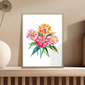 Vibrant Watercolor Zinnia Art Print, Colorful Floral Painting, Modern Botanical Wall Decor, Instant Download Digital Art, Home