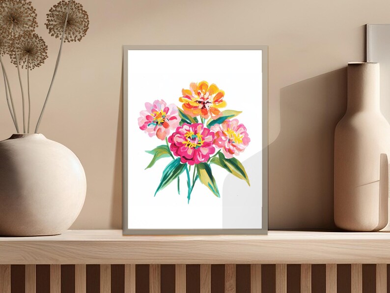 Vibrant Watercolor Zinnia Art Print, Colorful Floral Painting, Modern Botanical Wall Decor, Instant Download Digital Art, Home