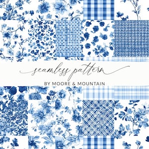 May include: A collection of blue and white seamless patterns. The patterns include floral designs, gingham, and other geometric shapes. The text "seamless pattern" and "BY MOORE & MOUNTAIN" are also visible.