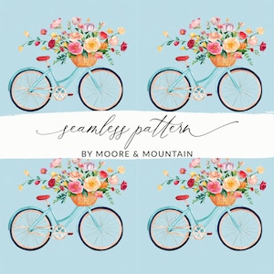 Cute Spring Bikes Seamless Spring Background Pattern Flower Bikes Repeating Pattern PNG Floral Bicycle Pattern
