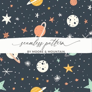 May include: A seamless pattern featuring planets, stars, and moons on a dark blue background. The pattern is perfect for use in a variety of creative projects, such as fabric, wallpaper, and stationery.