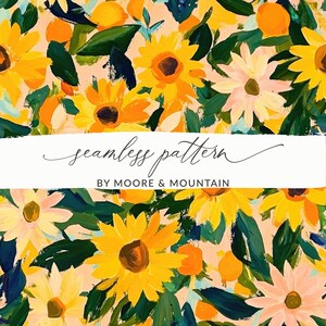 May include: A seamless pattern featuring yellow sunflowers, pink and white daisies, and green leaves on a light pink background. The text "seamless pattern" and "BY MOORE & MOUNTAIN" is displayed on a white banner.