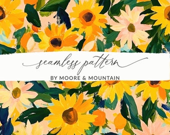 Sunflower Seamless Pattern Trendy Sunflowers Acrylic Painted Background Digital Paper Pattern, Seamless Fall Sunflower Wallpaper PNG