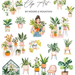 観葉植物のクリップアートPNG画像セット、植物の女性のクリップアート、トレンディなクリップアートセット、デジタル植物イラスト、鉢植えの植物アート、屋内植物PNG