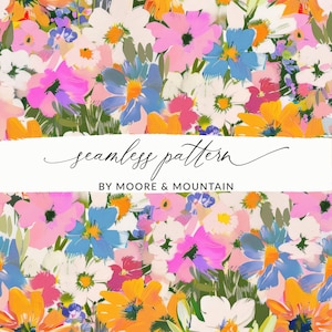 Painted Floral Seamless Spring Pattern, Acrylic Floral, Seamless Painted Daisies Pattern, 70s Floral Pattern, Painterly Flowers Background