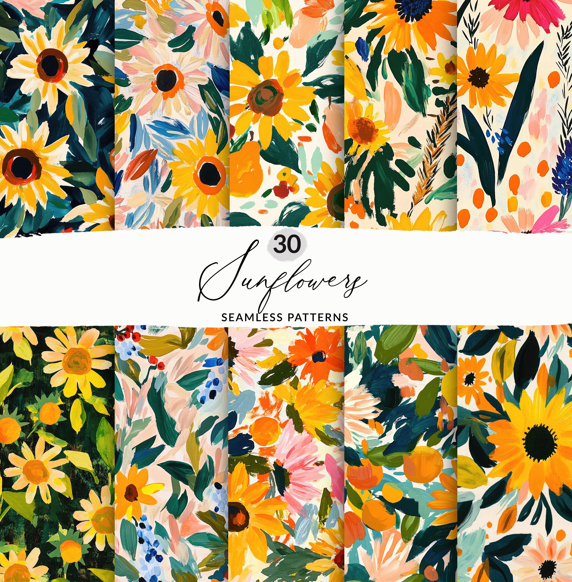 Sunflower Alpha Pattern 30 Painted Abstract Sunflowers Pattern Set, Seamless Painted Sunflowers ...