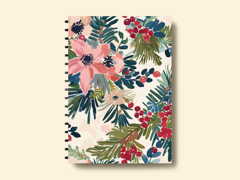 May include: A spiral bound notebook with a floral design featuring pink flowers, green leaves, and red berries on a white background.