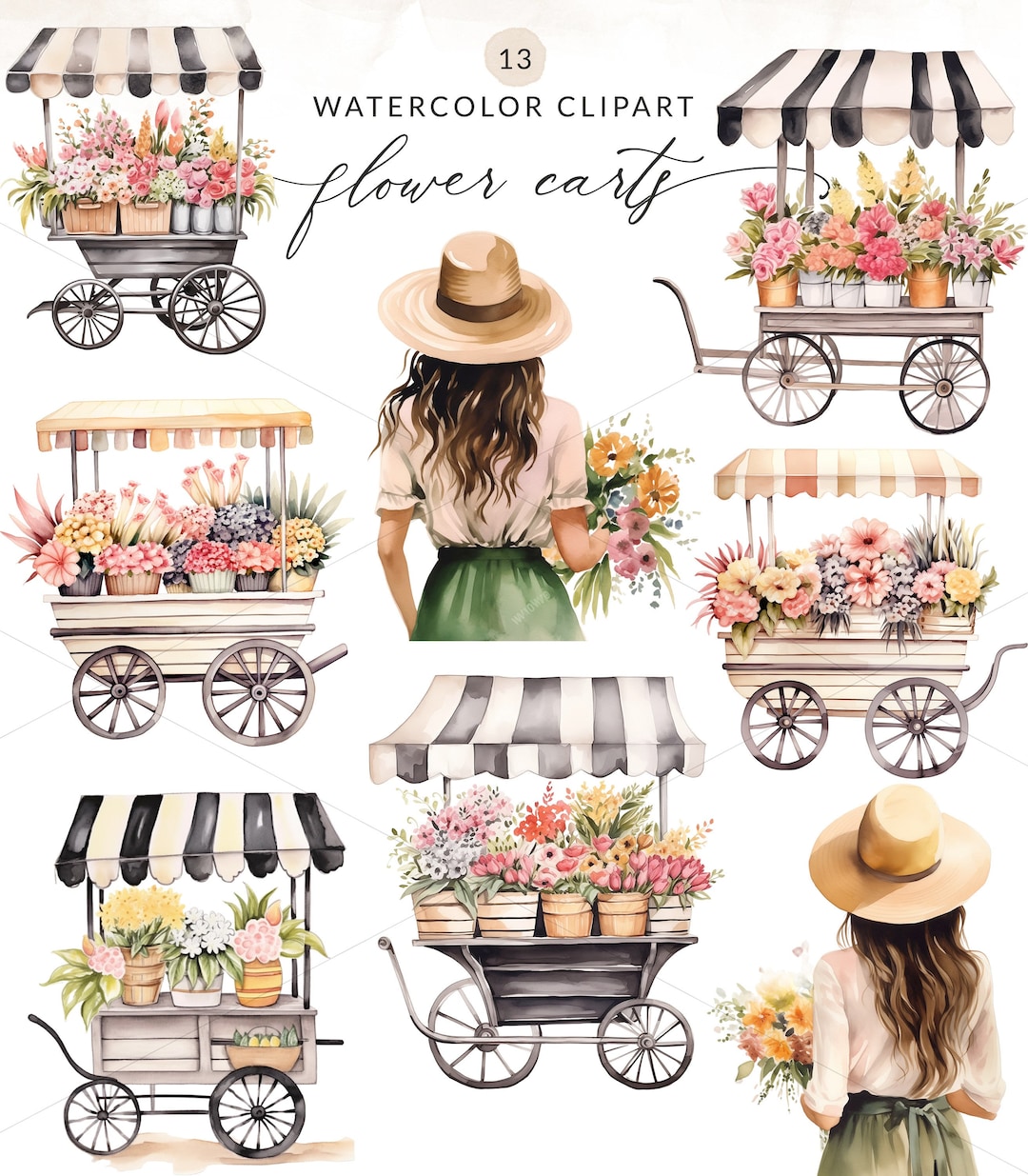 Watercolor Flower Cart Clipart, Flower Stand Clipart With Flowers