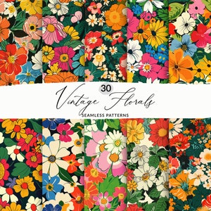 May include: 30 vintage floral seamless patterns featuring a variety of colorful flowers and leaves on a dark green background.