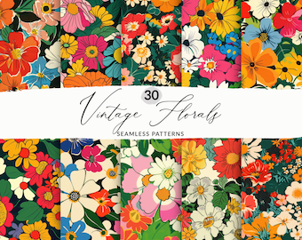 30 Mod Floral Patterns, Retro 60s Floral Background Patterns Seamless Vintage Floral Patterns For Fabric, Flower Background PNG Images