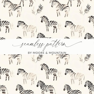 May include: A seamless pattern featuring black and white watercolor zebras on a cream background. The pattern includes stylized palm leaves in a light gray color.