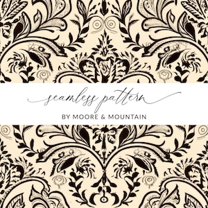 May include: A black and white damask pattern with a cream background. The pattern is a seamless repeat and features intricate floral designs. The text "seamless pattern by Moore & Mountain" is centered at the bottom of the image.