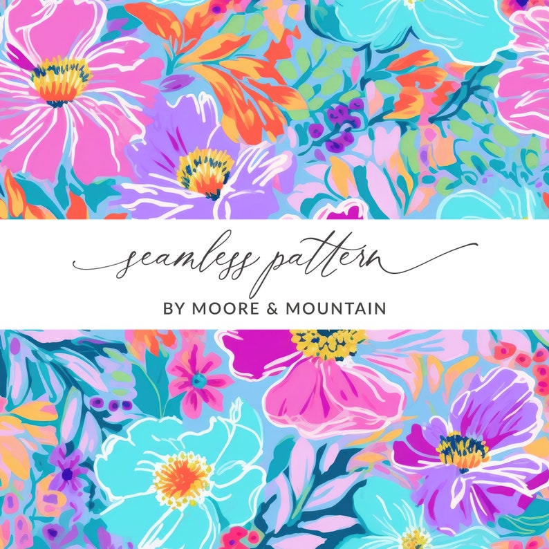 Pu&ograve; includere: Un motivo floreale senza cuciture con fiori rosa, viola, blu e arancioni su uno sfondo blu chiaro. Il testo "seamless pattern by Moore & Mountain" &egrave; visualizzato al centro dell'immagine.