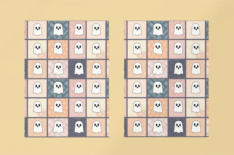 May include: Two fabric panels featuring a repeating pattern of white ghost figures on a grid of pastel squares. The squares alternate between peach, teal, and patterned designs, creating a whimsical Halloween theme.