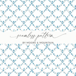 Puede incluir: Un patrón sin costuras con un fondo blanco y un patrón repetitivo de flores azules y enredaderas marrones. El texto "seamless pattern" y "BY MOORE & MOUNTAIN" se muestra en el centro de la imagen.