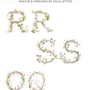 May include: Multiple versions of the letters R, S, and O created with watercolor painted vines and flowers.