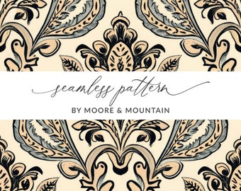 May include: A seamless pattern featuring a black, beige, and blue damask design. The pattern is repeated throughout the image. The text "seamless pattern" and "BY MOORE & MOUNTAIN" is displayed in the center of the image.