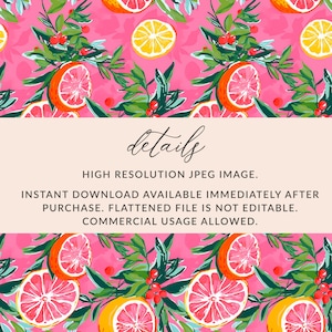 May include: A seamless pattern featuring pink grapefruit slices, green leaves, and red berries on a pink background.