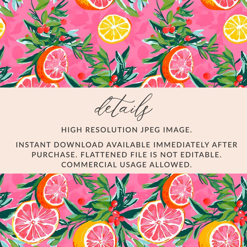 May include: A seamless pattern featuring pink grapefruit slices, green leaves, and red berries on a pink background.