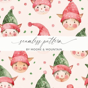 May include: A seamless pattern featuring watercolor illustrations of elves with red and green hats, pink cheeks, and white polka dots. The background is a light pink with green leaves and pink flowers.