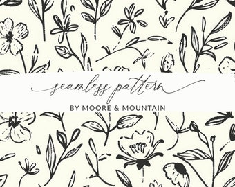 Black and White Sketched Flowers Pattern, Handdrawn Flowers Background Pattern, Sketched Modern Flowers Black and White Wallpaper Design PNG