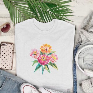 Watercolor Zinnia Flowers Design, Vibrant Floral Art Print, Colorful Summer Bloom Tee, Aesthetic Nature Garden Bouquet Shirt Gift