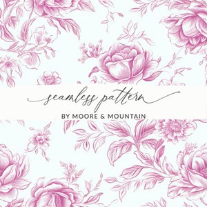 Seamless Chinoiserie Pattern Pink Chinoiserie Floral Pattern Sketched Chinese Floral Design, Light Pink Toile Seamless Background