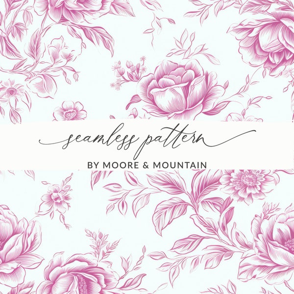 Seamless Chinoiserie Pattern Pink Chinoiserie Floral Pattern Sketched Chinese Floral Design, Light Pink Toile Seamless Background