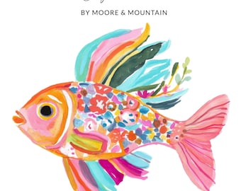 Preppy Watercolor Fish Clipart Digital, Vibrant Tropical Fish PNG, Hand Painted Rainbow Art, Commercial Use, Instant Download, Boutique