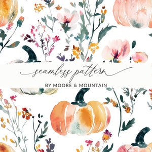 Watercolor Pumpkin Seamless Painted Pattern Fall Floral Pumpkins Background Watercolor Seamless Pumpkin Background for Fall Girly Pumpkins