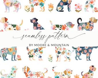 Könnte beinhalten: Ein nahtloses Muster mit Aquarell-Illustrationen von Hunden mit floralen Designs. Die Hunde sind in verschiedenen Posen und Farben, darunter Braun, Schwarz und Weiß. Die Blumen sind in Rosa-, Blau- und Gelbtönen gehalten. Der Text "seamless pattern" und "BY MOORE & MOUNTAIN" ist im Design enthalten.