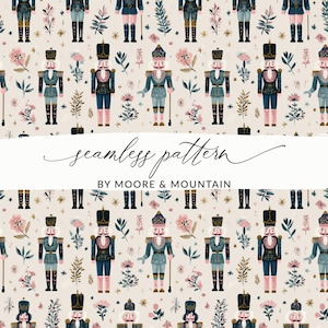 May include: A seamless pattern design featuring illustrations of toy soldiers in various uniforms, interspersed with floral and botanical elements. The design includes text that reads "seamless pattern" and "by Moore & Mountain". The color palette includes shades of blue, pink, and beige.