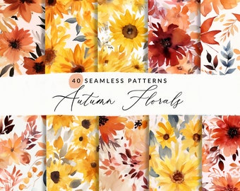 Fall Watercolor Floral Patterns Seamless Autumn Floral Patterns Watercolor Flowers, Seamless, JPEG, Commercial Use