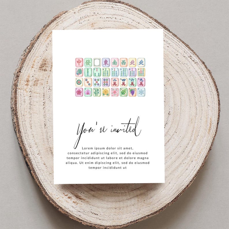 Invitation card with Mahjong tiles and "You're invited" text.