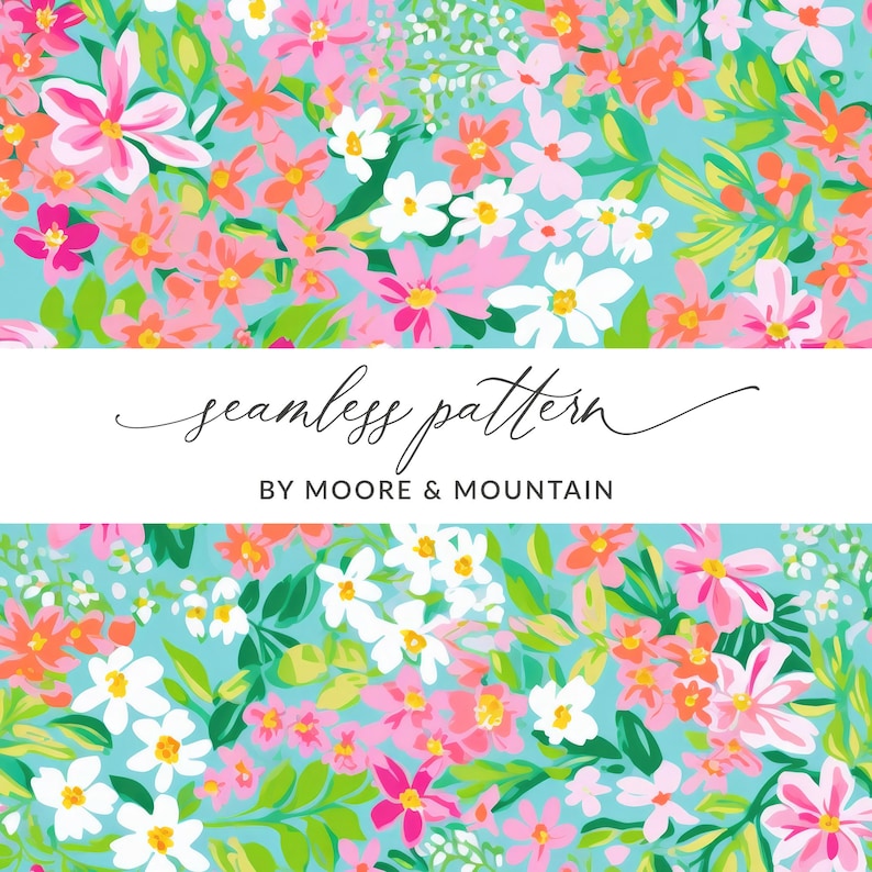 K&ouml;nnte beinhalten: Ein nahtloses Muster mit einer Vielzahl von rosa, wei&szlig;en und orangefarbenen Blumen auf hellblauem Hintergrund. Der Text "seamless pattern by Moore & Mountain" wird auf einem wei&szlig;en Banner angezeigt.