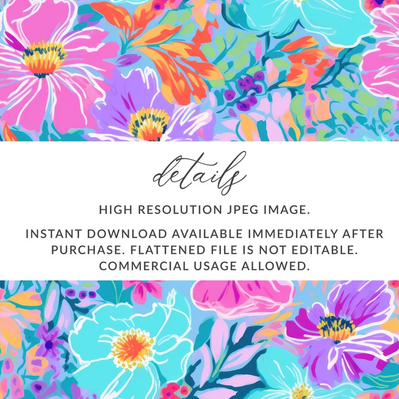 Pu&ograve; includere: Un download digitale di un motivo floreale ad alta risoluzione in colori vivaci, tra cui rosa, blu, viola, arancione e giallo. Il motivo presenta una variet&agrave; di fiori e foglie. Il testo "details" &egrave; scritto in un carattere decorativo nella parte superiore dell'immagine. Il testo sotto la parola "details" recita "IMMAGINE JPEG AD ALTA RISOLUZIONE. DOWNLOAD IMMEDIATO DISPONIBILE SUBITO DOPO L'ACQUISTO. FILE APPIANATO NON &Egrave; MODIFICABILE. USO COMMERCIALE CONSENTITO."