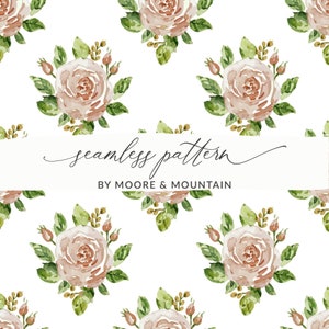 May include: A seamless pattern featuring delicate watercolor roses in shades of pink and brown, surrounded by green leaves and small buds. The pattern is on a white background and includes the text "seamless pattern by Moore & Mountain".