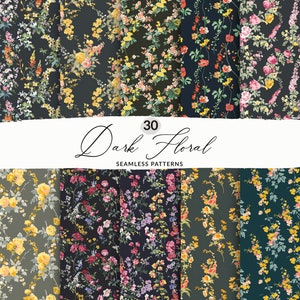 Puede incluir: Un conjunto de 30 patrones florales oscuros sin costuras. Los patrones presentan varios diseños florales en tonos de rosa, amarillo, rojo y verde sobre un fondo oscuro.