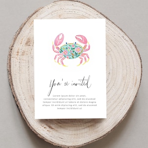 Crab Invitation Card, Floral Crab Party Invite, Coastal Themed Invitation, Beach Crab Birthday Card, Ocean Crab Event Invite