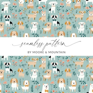 May include: A seamless pattern featuring a variety of dogs in different poses and colors on a light blue background with green leaves and pink flowers. The text "seamless pattern" and "by Moore & Mountain" is at the bottom of the image.