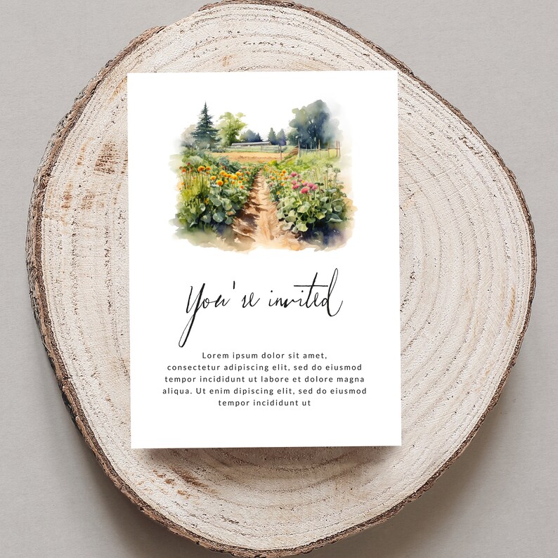 May include: A watercolor illustration of a garden path with flowers and plants. The text "You're invited" is written in cursive below the image. Lorem ipsum dolor sit amet, consectetur adipiscing elit, sed do eiusmod tempor incididunt ut labore et dolore magna aliqua. Ut enim dipiscing elit, sed do eiusmod tempor incididunt ut