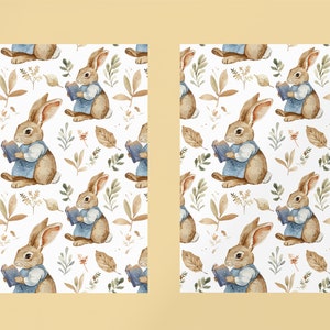 May include: A seamless pattern featuring watercolor illustrations of brown rabbits wearing blue dresses and holding books. The background is white with brown and green leaves and flowers.
