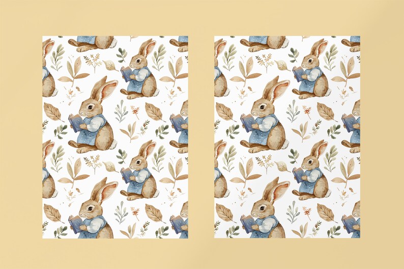 May include: A seamless pattern featuring watercolor illustrations of brown rabbits wearing blue dresses and holding books. The background is white with brown and green leaves and flowers.