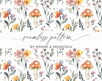 Retro Mushroom Seamless Background Watercolor Mushroom Pattern, Seamless Cottagecore Watercolor Flowers Pattern PNG