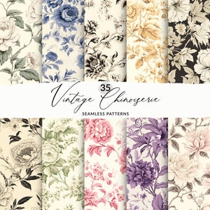 May include: A collection of 35 vintage chinoiserie floral seamless patterns. The patterns feature a variety of flowers in different colors, including pink, blue, green, and purple. The patterns are perfect for use in a variety of projects, such as fabric, wallpaper, and stationery.