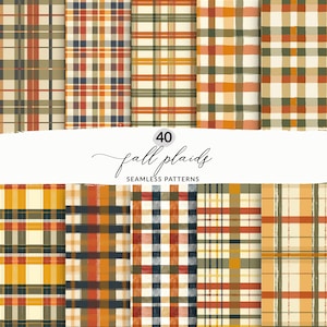 May include: A set of 40 digital seamless plaid patterns in autumnal colors, including red, orange, yellow, green, and brown. The patterns are perfect for creating fall-themed crafts, projects, and designs.
